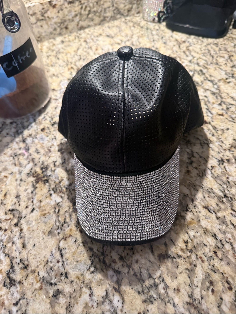 Black Faux Leather Baseball Cap with Rhinestone Brim